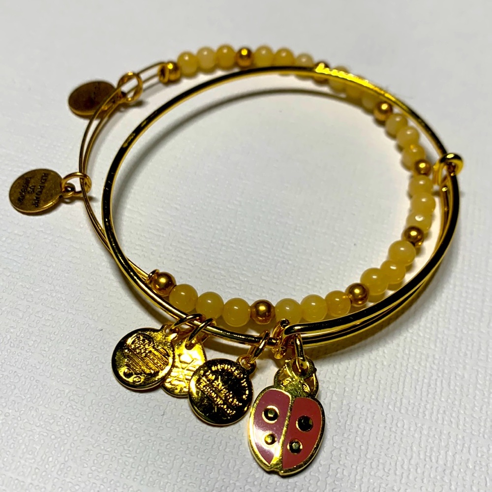Alex and Ani Ladybug two piece set gold tone with beads bracelet